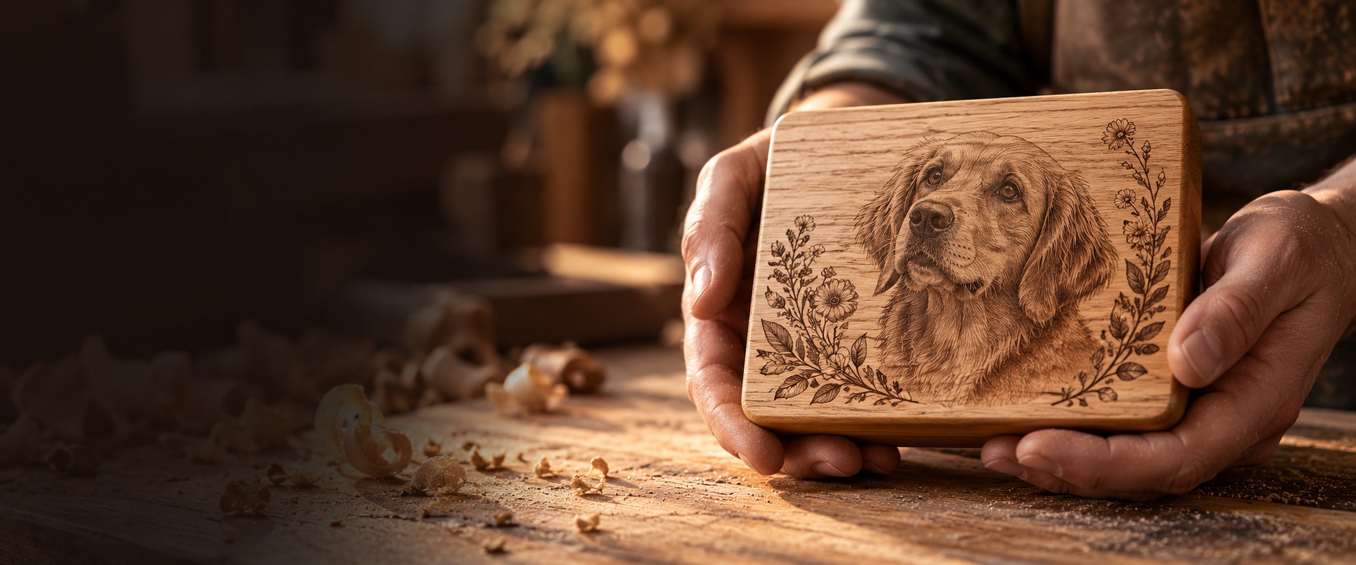 Artisan hands presenting a custom engraved wooden portrait plaque.