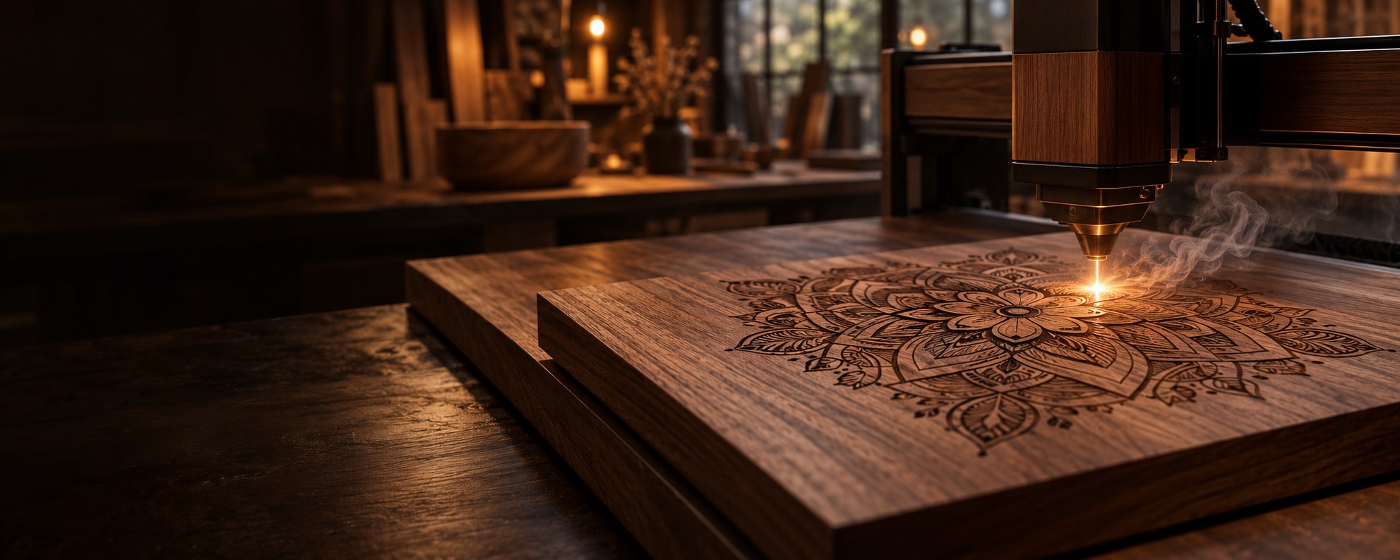 A laser engraver carefully etching an intricate design into warm natural wood.